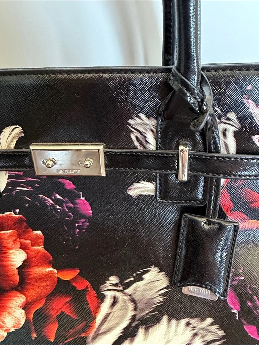 Nine West Black Floral Leather Tote Bag with Red Rose Print